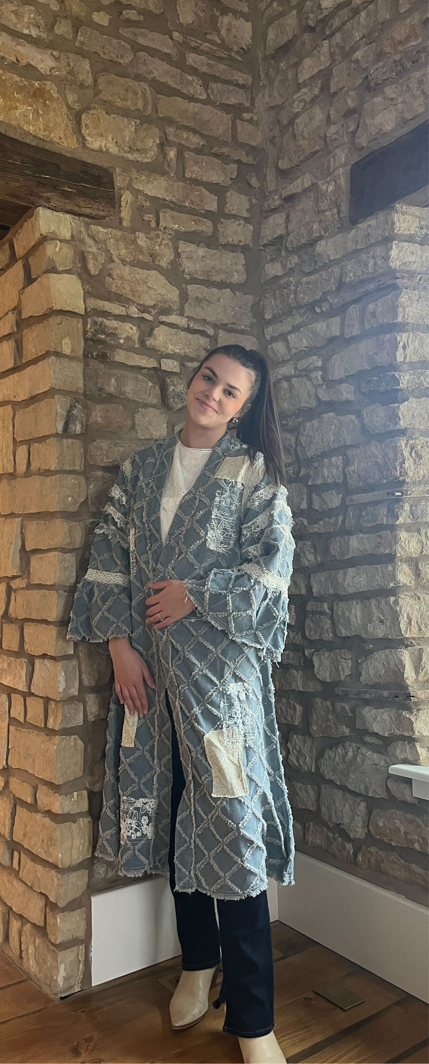 Flared Sleeve Lace Denim Cardigan