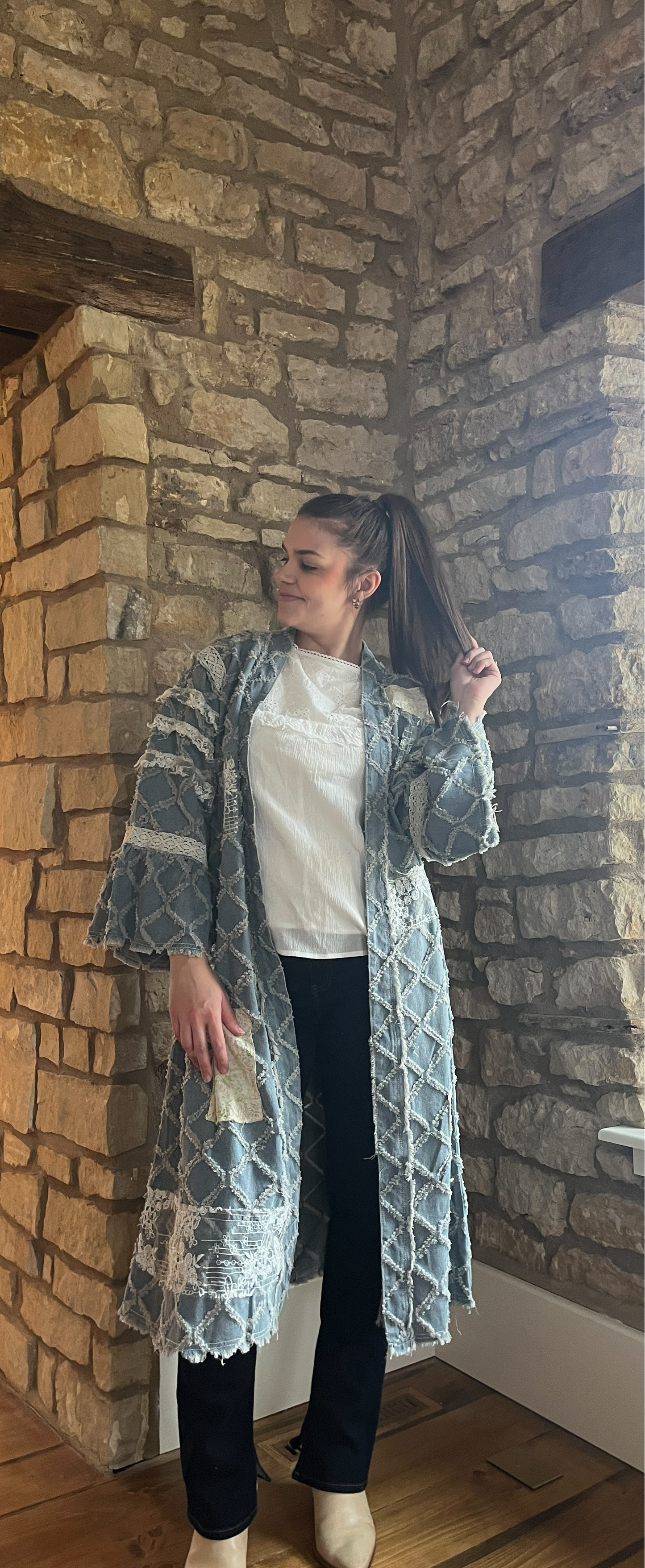 Flared Sleeve Lace Denim Cardigan