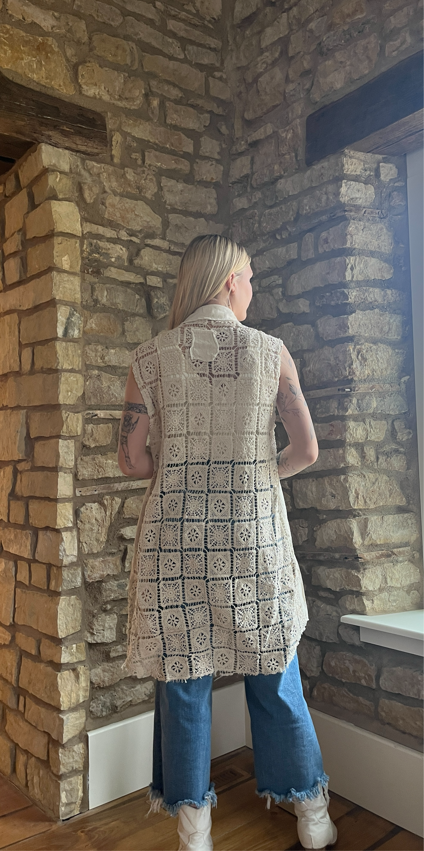 Sleeveless Button Down Crochet Patch Shirt