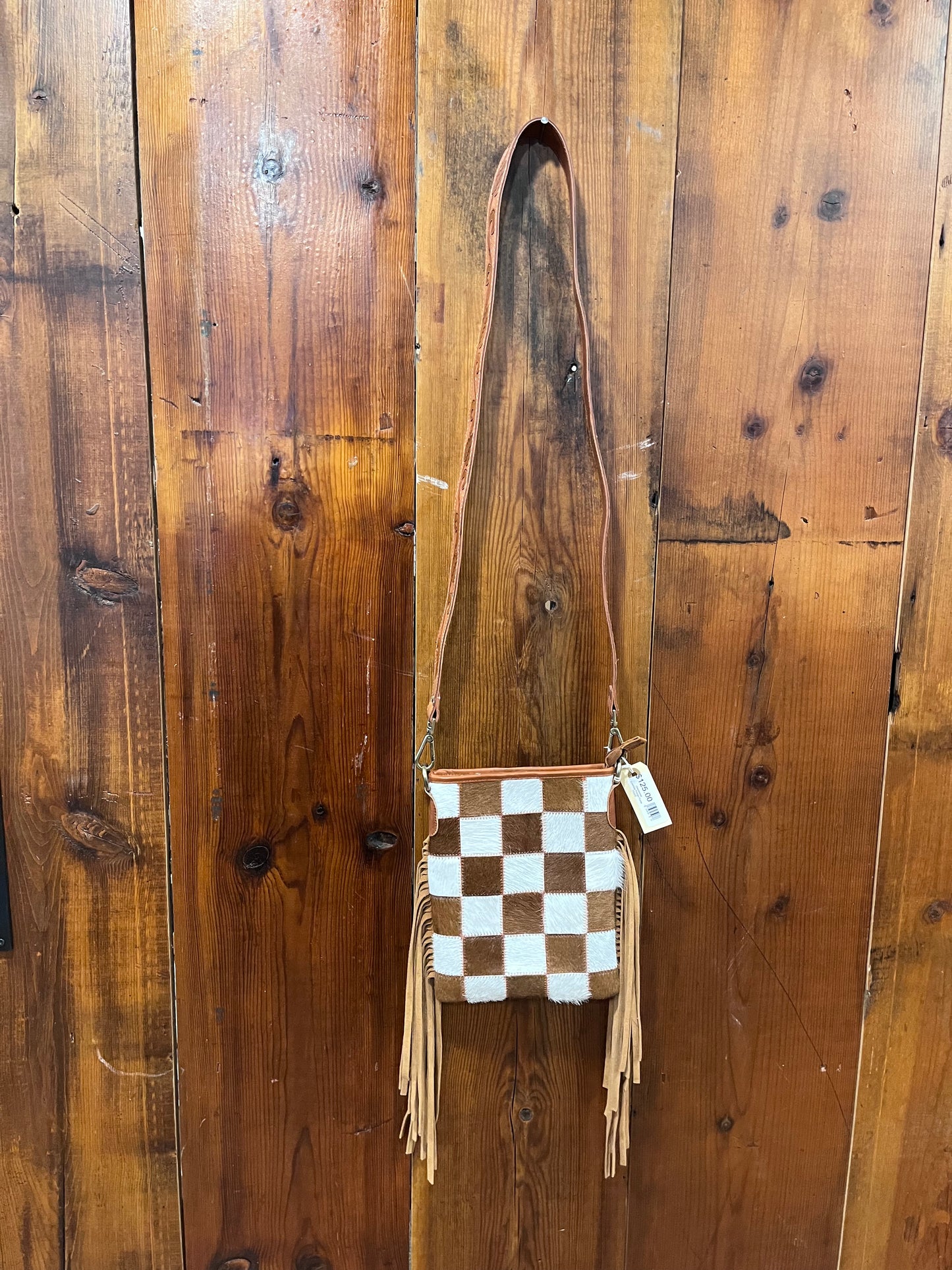 Checkered Cowhide Fringe Purse