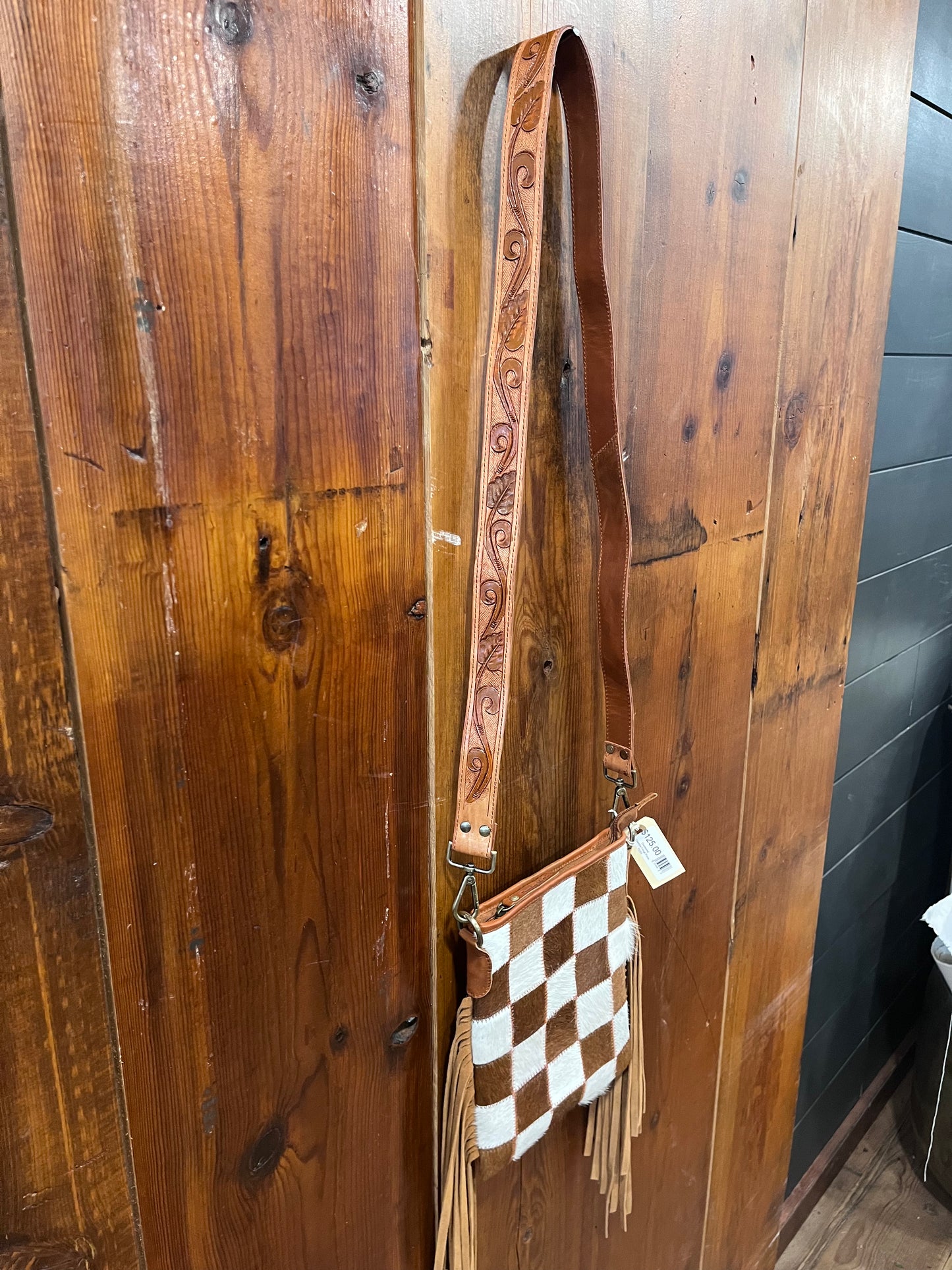 Checkered Cowhide Fringe Purse