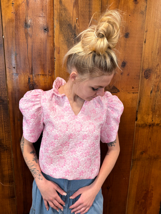Puffed Sleeve Pink Textured Top